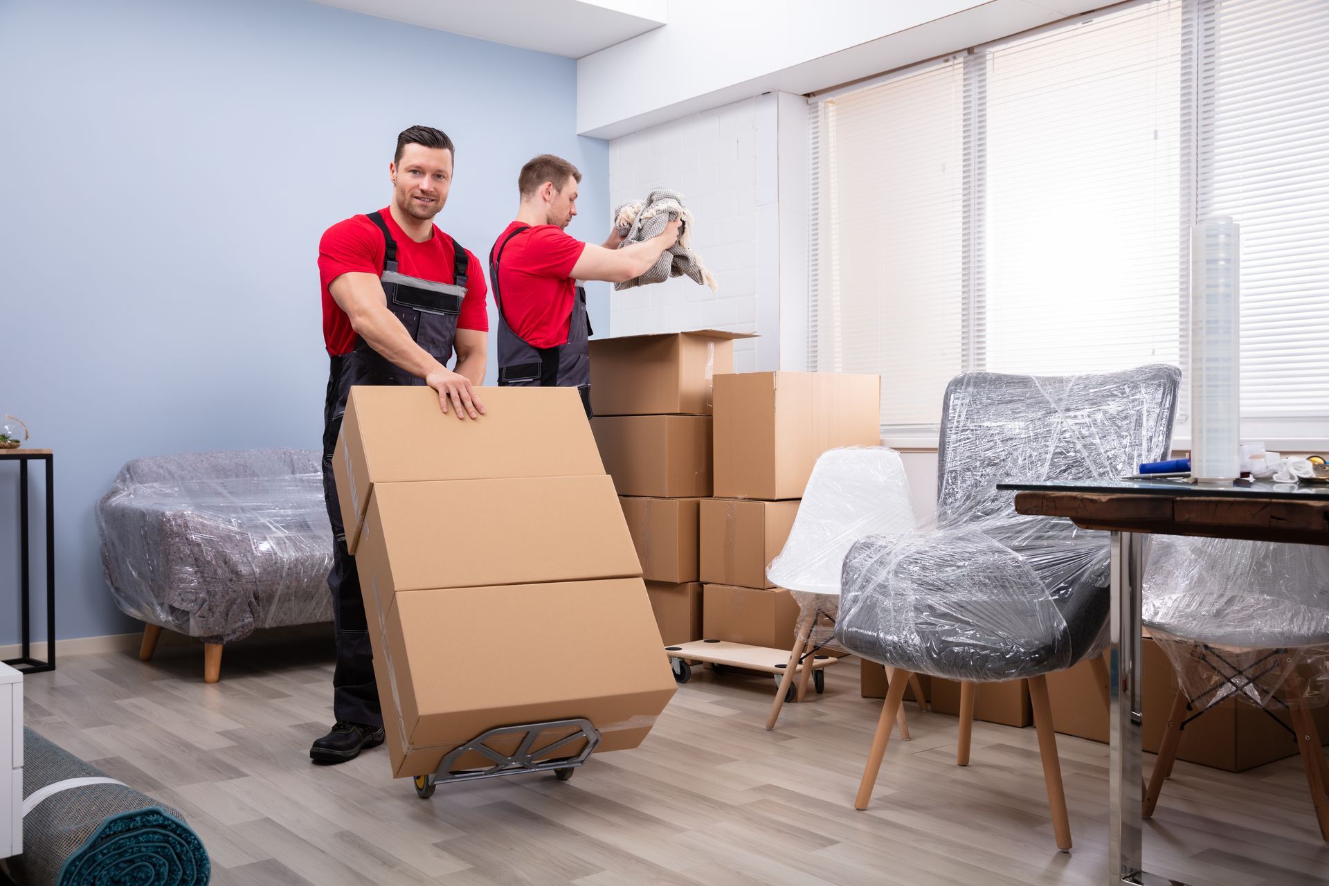 Two men are moving boxes in a living room.