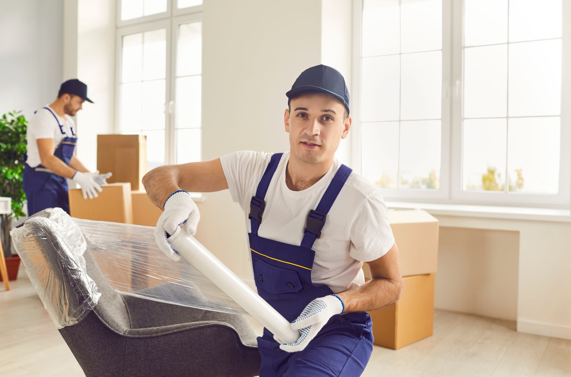 A man is wrapping a chair with plastic wrap in a room.