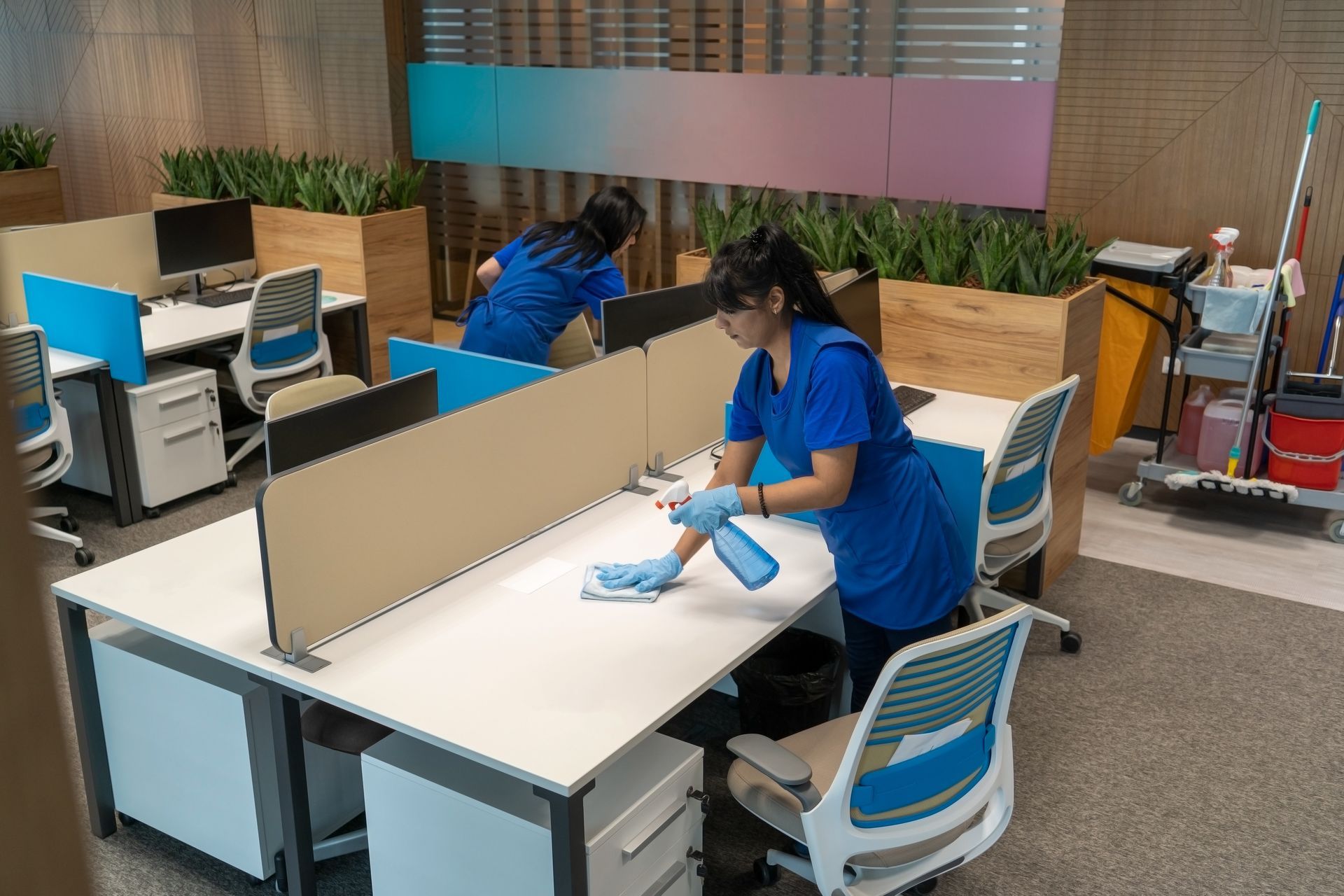 Two office cleaners in blue uniforms are wiping desks with spray bottles.