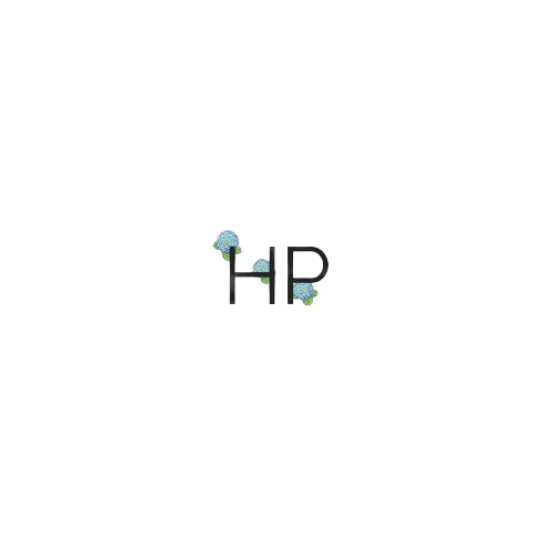 Black letters "HP" with light blue floral accents on white background.