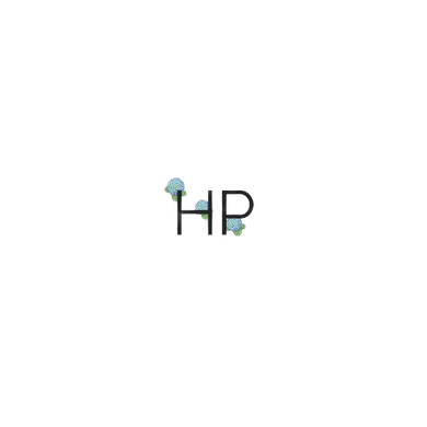 Black letters "HP" with light blue floral accents on white background.