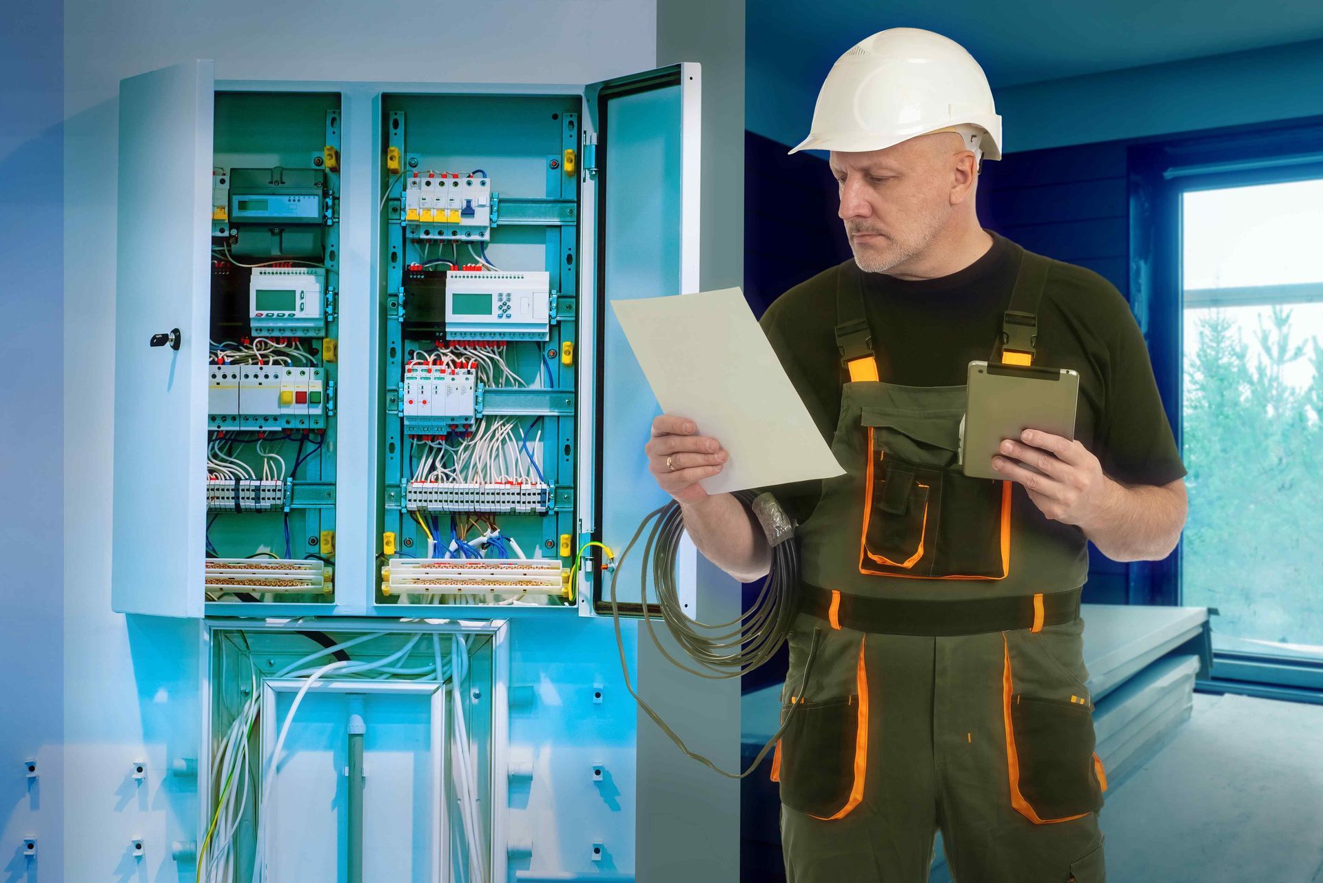 electrician holding clipboard in front of circuit breaker
