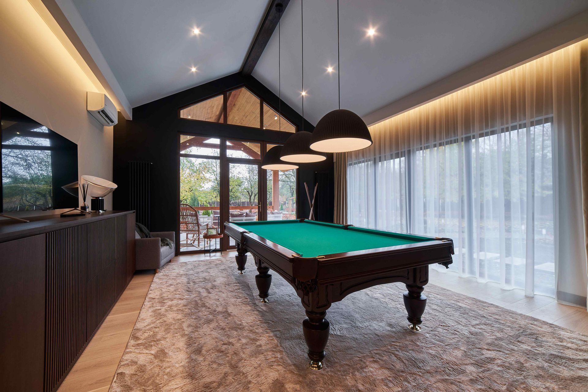rec room with a pool table with ambient lighting, light fixtures and recessed lighting on