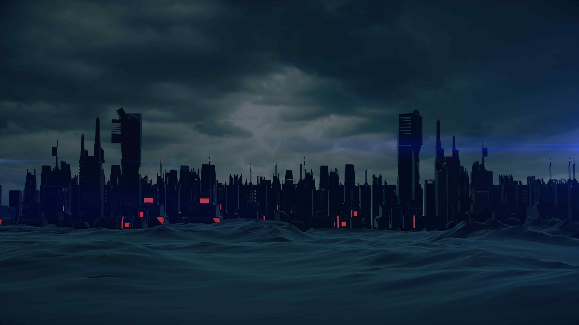 a city landscape at night that appears to have a power outage with rough waters in front