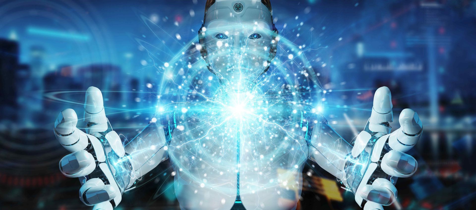 somewhat human-looking robot looking forward with his hands outstretched in front with what looks like a ball of blue and white energy between it's hands