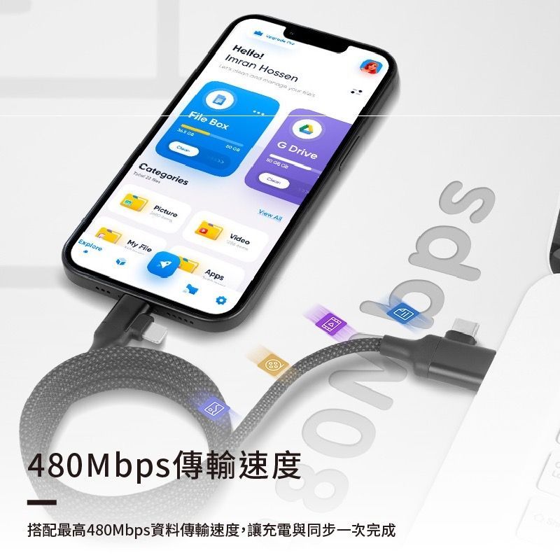 TU-ITL-04 60W雙插頭快充傳輸線1.2m編織線 USB-A / TypeC 支援 Lightnig