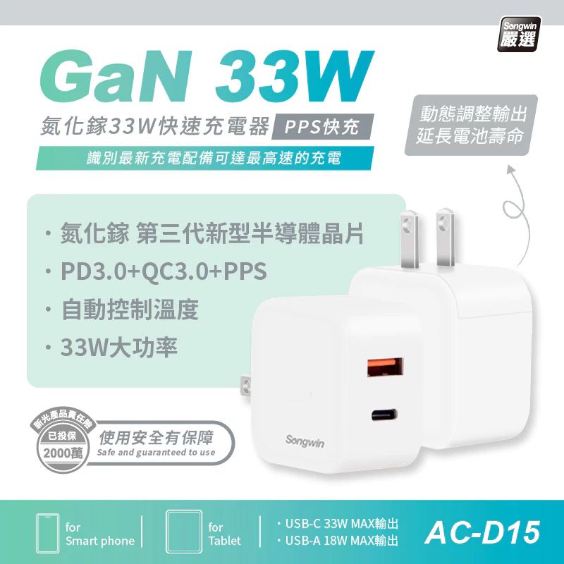 氮化鎵33W快速充電器 PD33W快充 自動控溫 迷你易收納 支援多種快充協議 台灣現貨 AC-D15