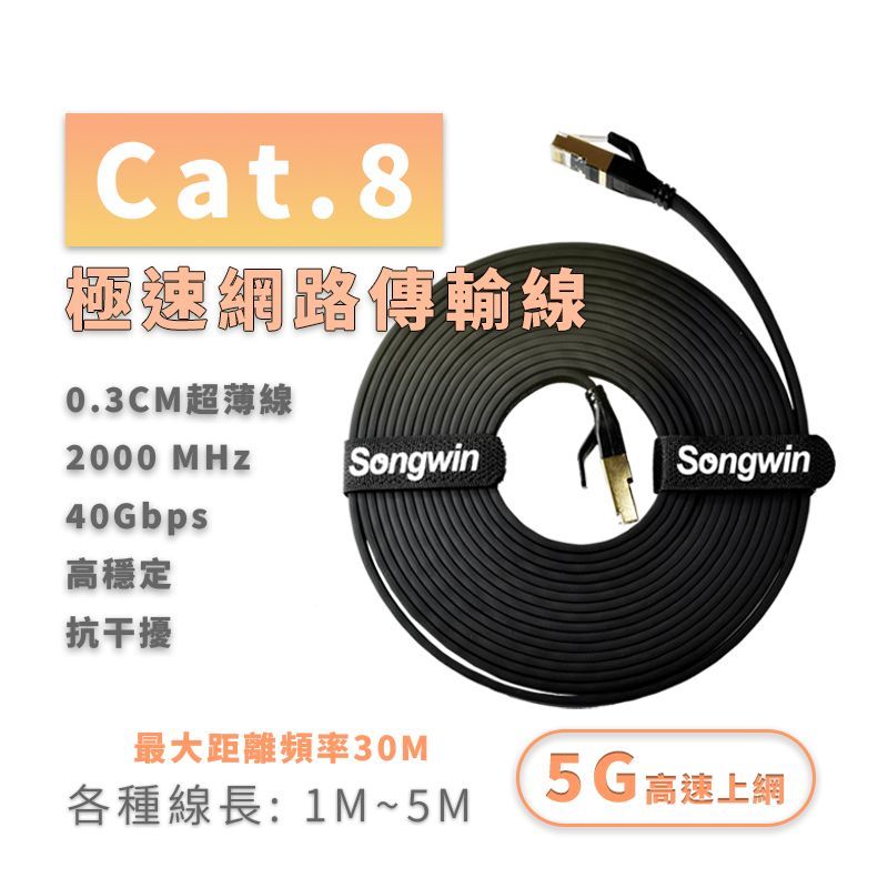 FRJ-C801  Cat.8 極速網路傳輸線 40Gbps極速 5G高速 0.3cm超薄線 穩定抗干擾 台灣現貨 附束帶