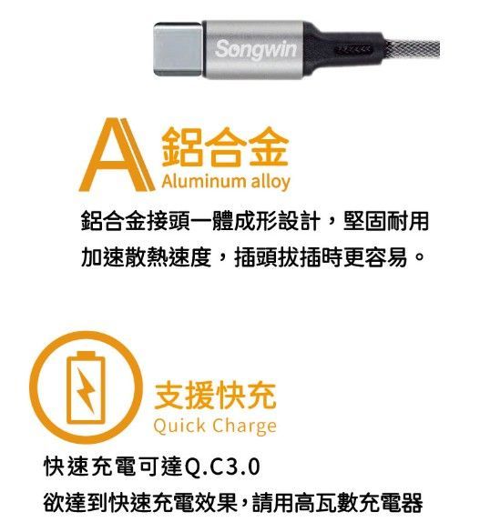 TC-HS USB To TYPE C 快充線 高速充電尼龍漁絲傳輸線 1.2米 銀色/黑色 QC 3.0專用線