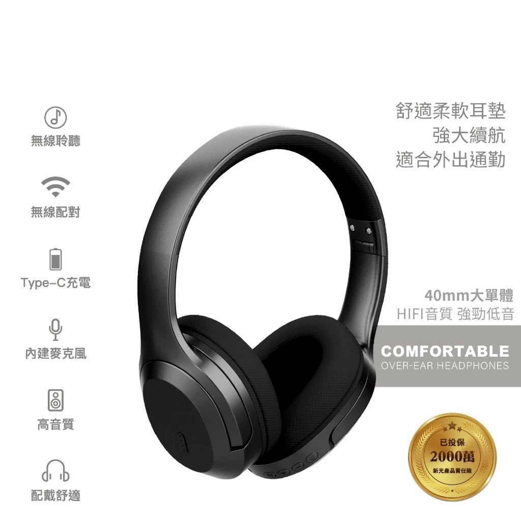 全罩式無線頭戴耳機 Type-C 充電 另有3.5mm接口 喇叭使用40mm大單體 內建麥克風 台灣現貨 TM-086