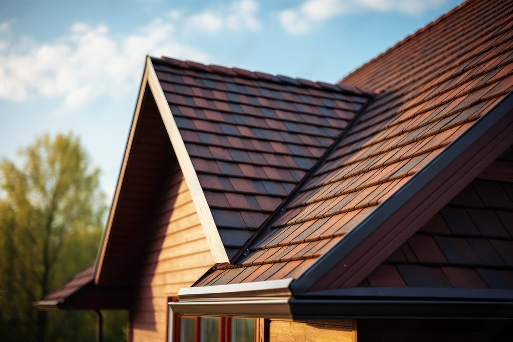 A close up of a house with a brown roof