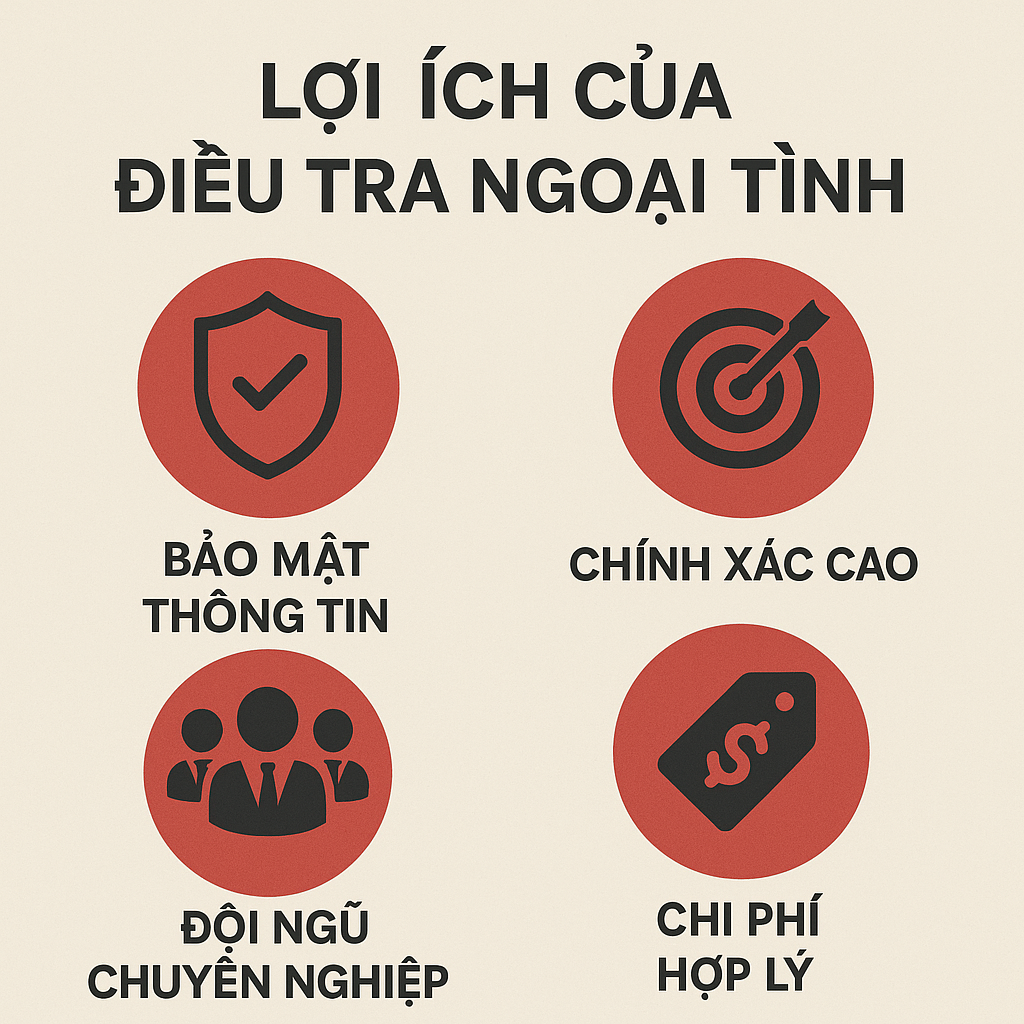 Lợi ích điều tra ngoại tình: bảo mật thông tin, chính xác cao, đội ngũ chuyên nghiệp, chi phí hợp lý