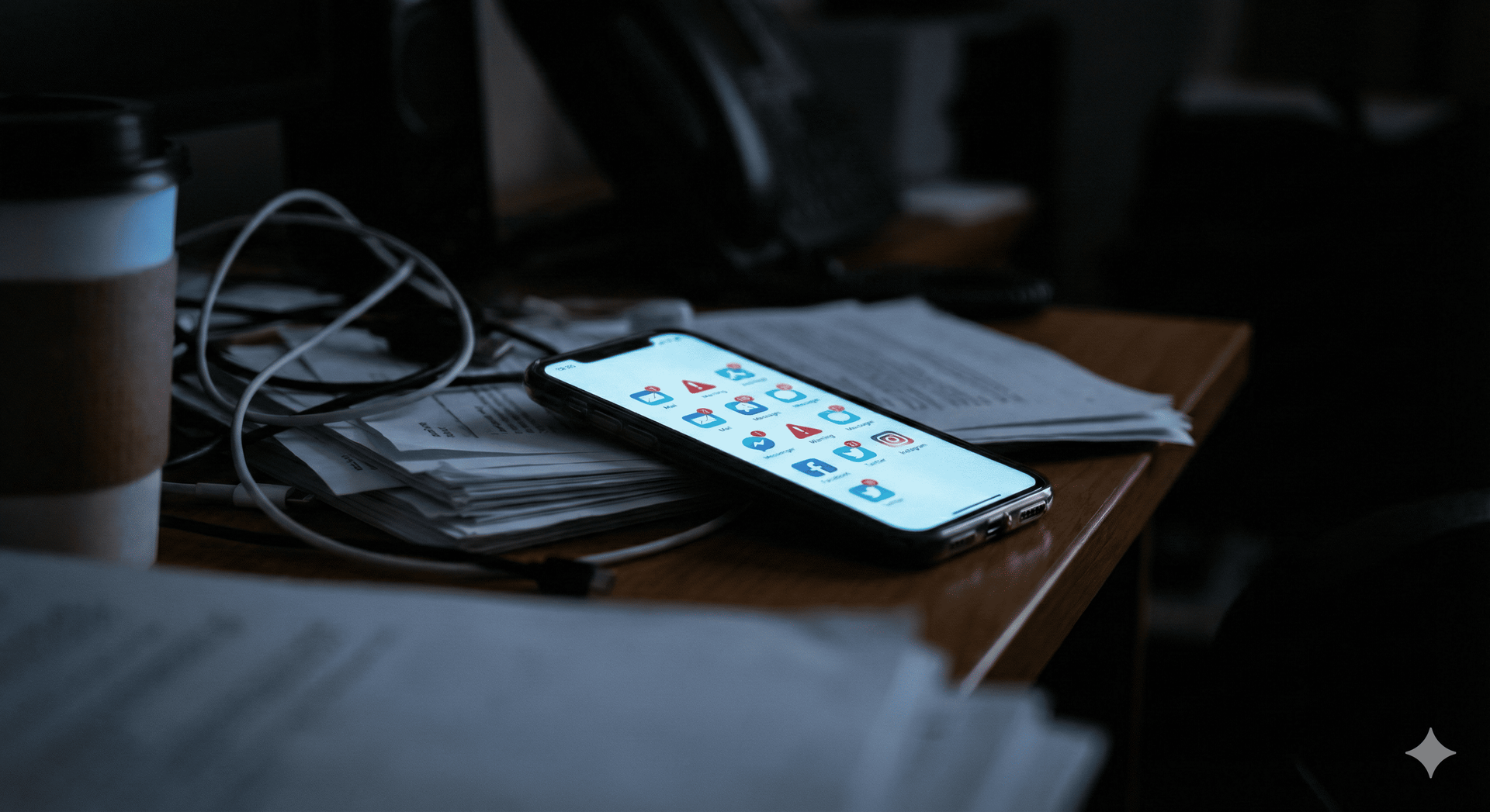 Điện thoại thông minh với nhiều thông báo trong đêm tối tượng trưng cho cám dỗ mạng xã hội