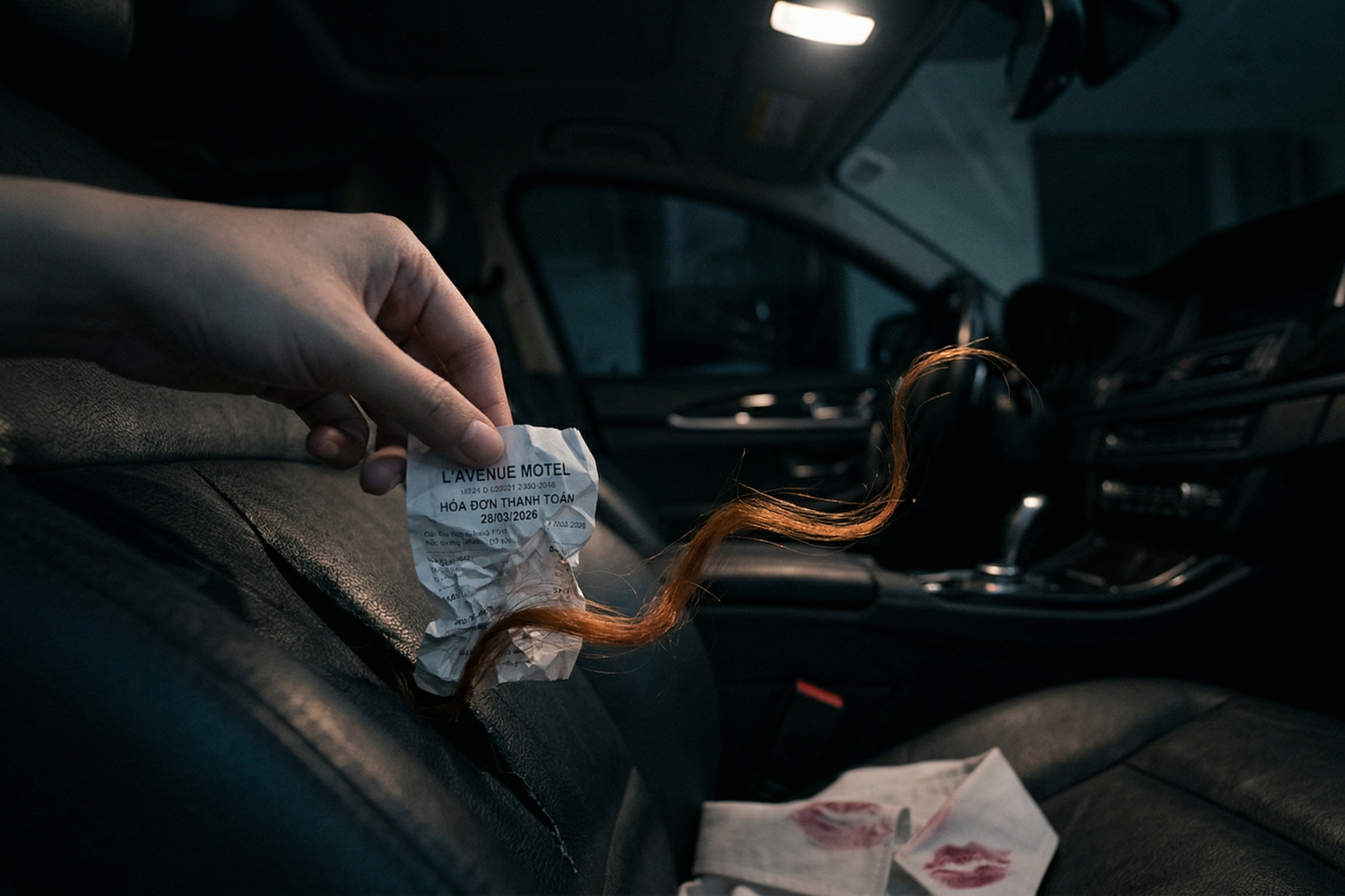 Phát hiện hóa đơn nhà nghỉ và dấu vết người thứ ba trên xe ô tô của chồng
