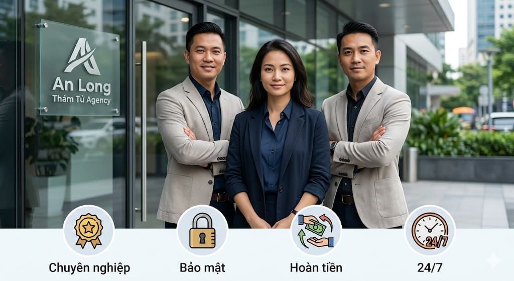 Đội ngũ thám tử An Long chuyên nghiệp, cam kết bảo mật 100%, hỗ trợ 24/7 và hoàn tiền nếu không có kết quả.