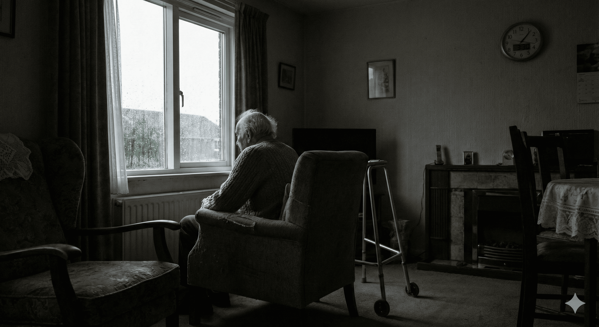 Hình ảnh người già cô đơn ngồi một mình ở nhà cần sự quan tâm giám sát của gia đình