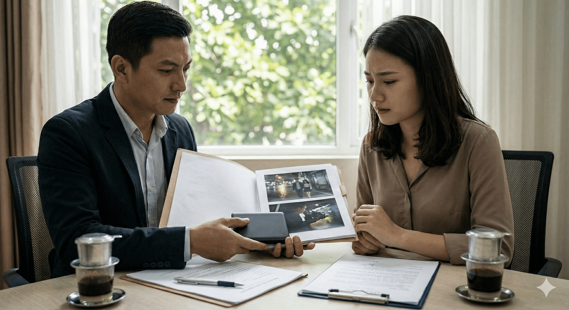 Thám tử bàn giao kết quả, hình ảnh và báo cáo điều tra bảo mật cho khách hàng.