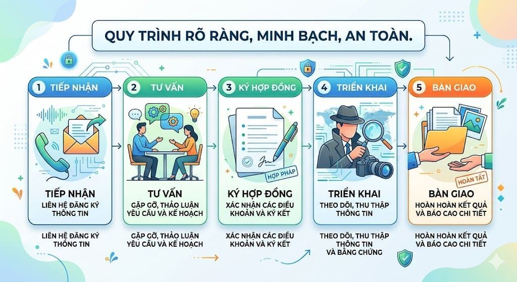 Infographic quy trình 5 bước thuê thám tử chuyên nghiệp, minh bạch tại Thám tử An Long.