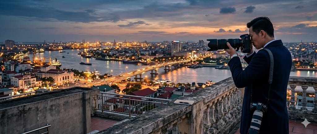 Thám tử tư An Long quan sát toàn cảnh thành phố Hải Phòng từ trên cao để thu thập bằng chứng.