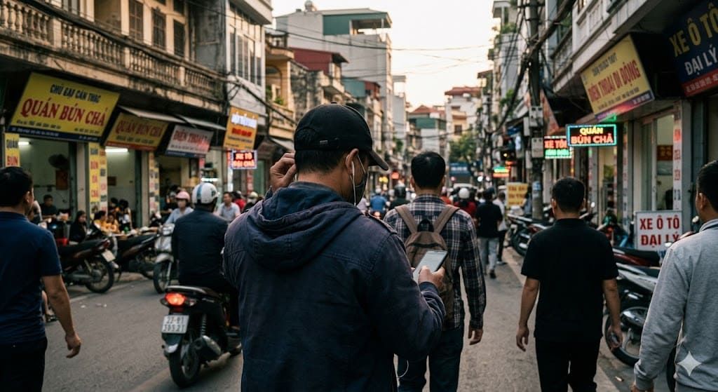Thám tử tư mặc đồ đen bí mật giám sát đối tượng trên đường phố đông đúc tại Hải Phòng.