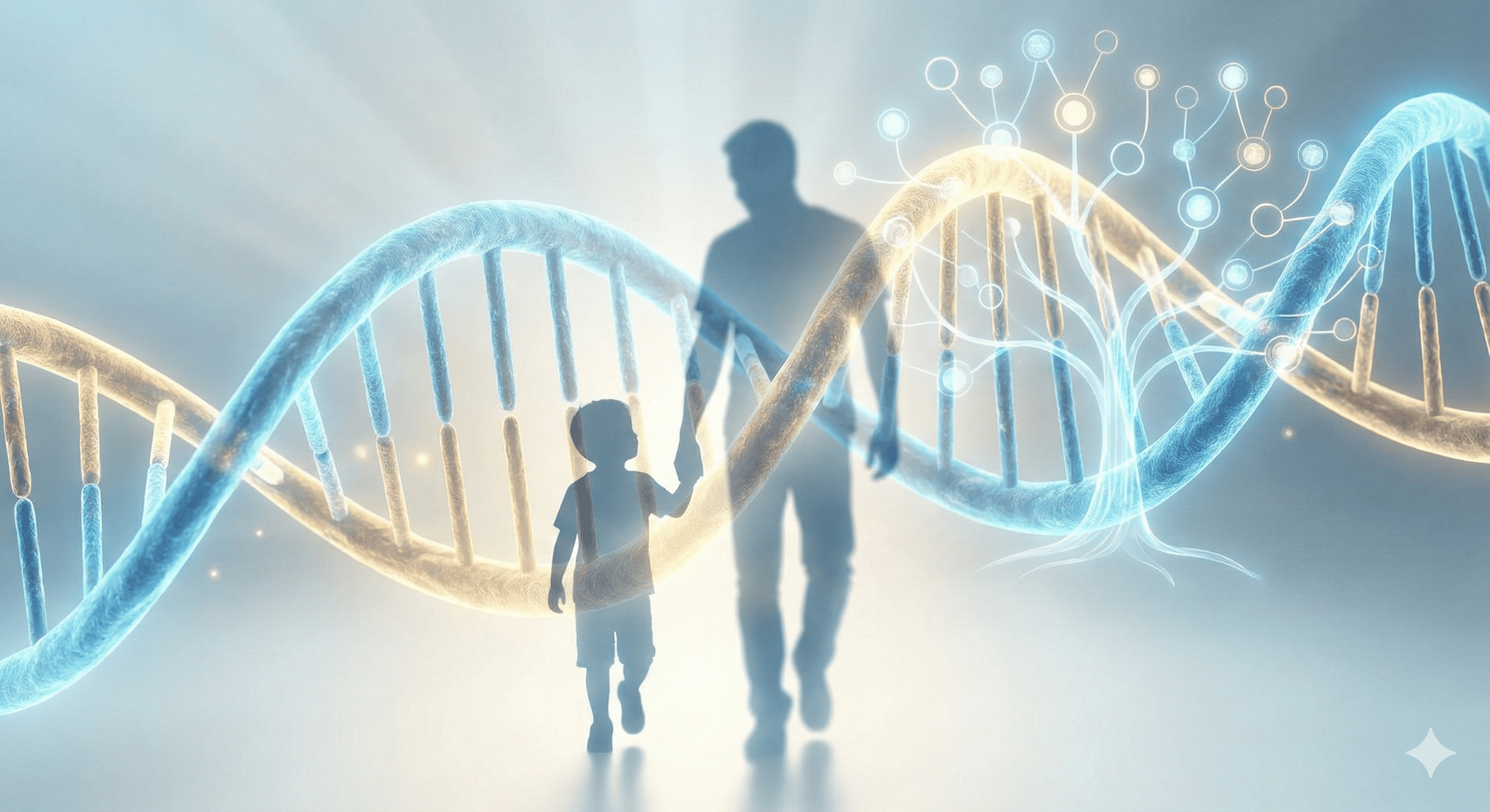 Hình ảnh mô phỏng cấu trúc ADN và mối quan hệ huyết thống gia đình cha mẹ và con cái