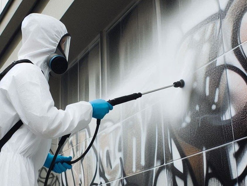 A man in a protective suit is spraying graffiti on a wall.