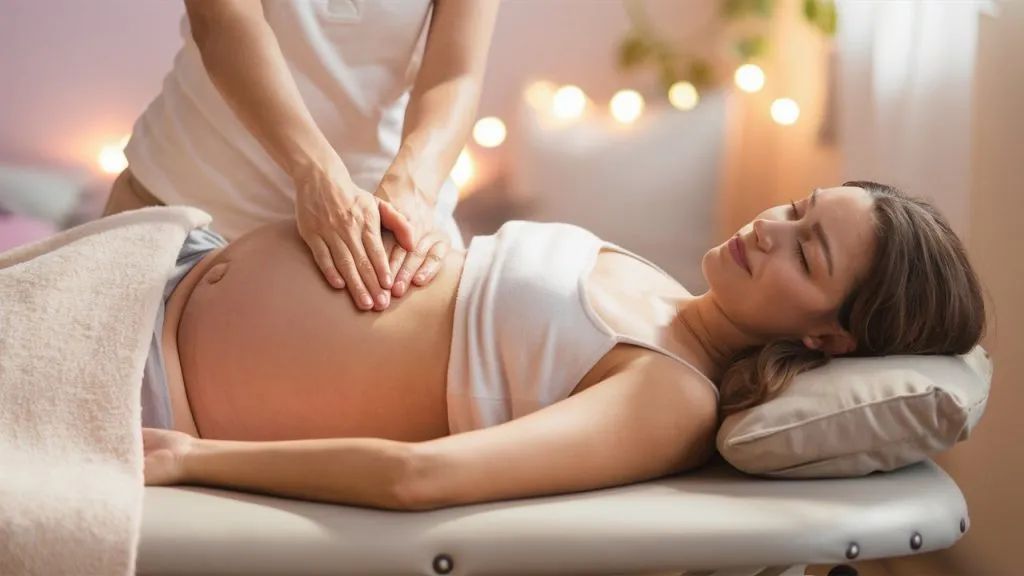A pregnant woman is getting a massage at a spa.