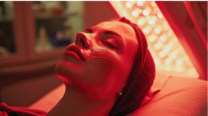 A woman is getting a red light treatment on her face.