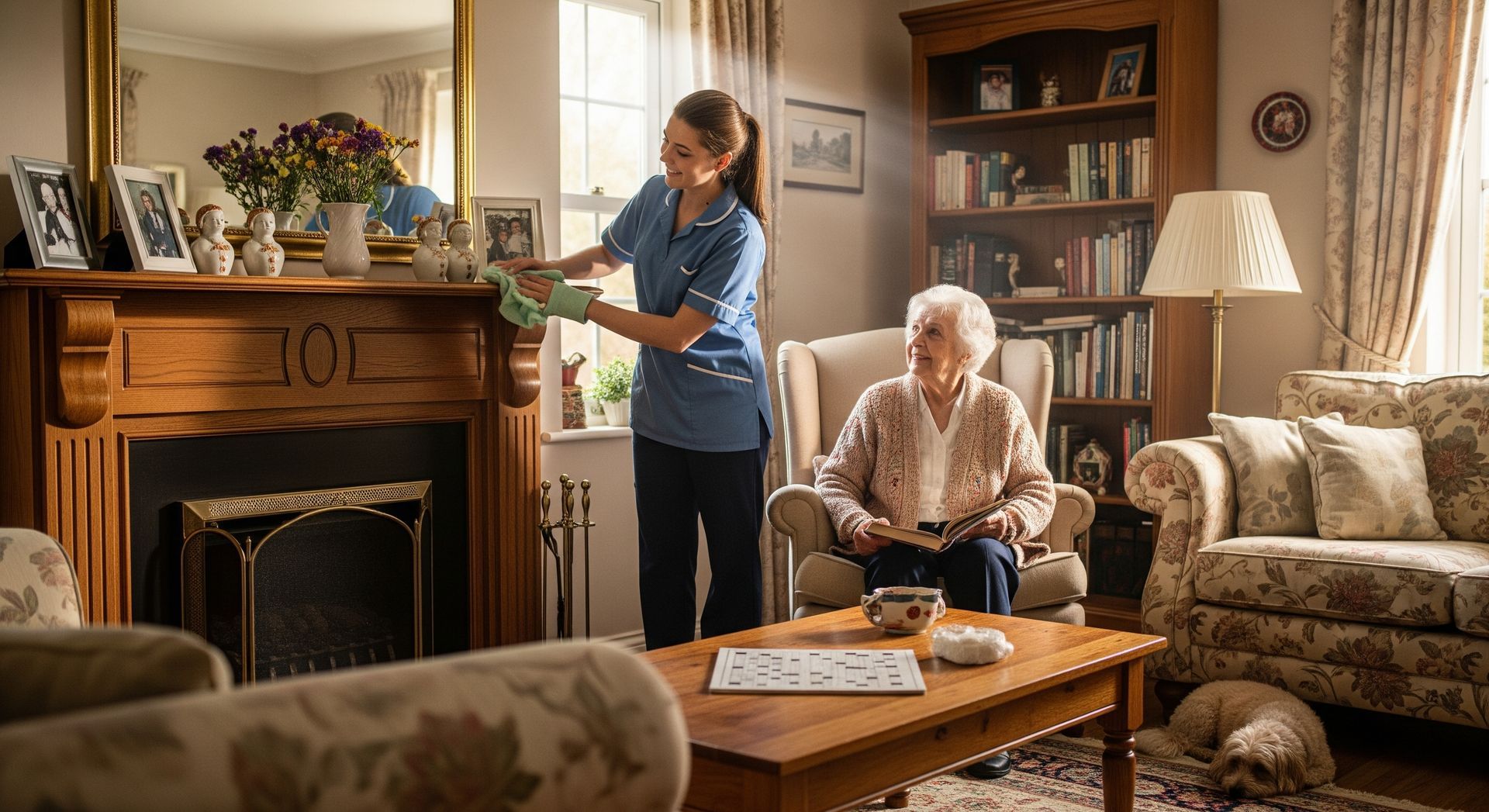 House cleaning for seniors with a cleaner helping an elderly woman in a tidy living room