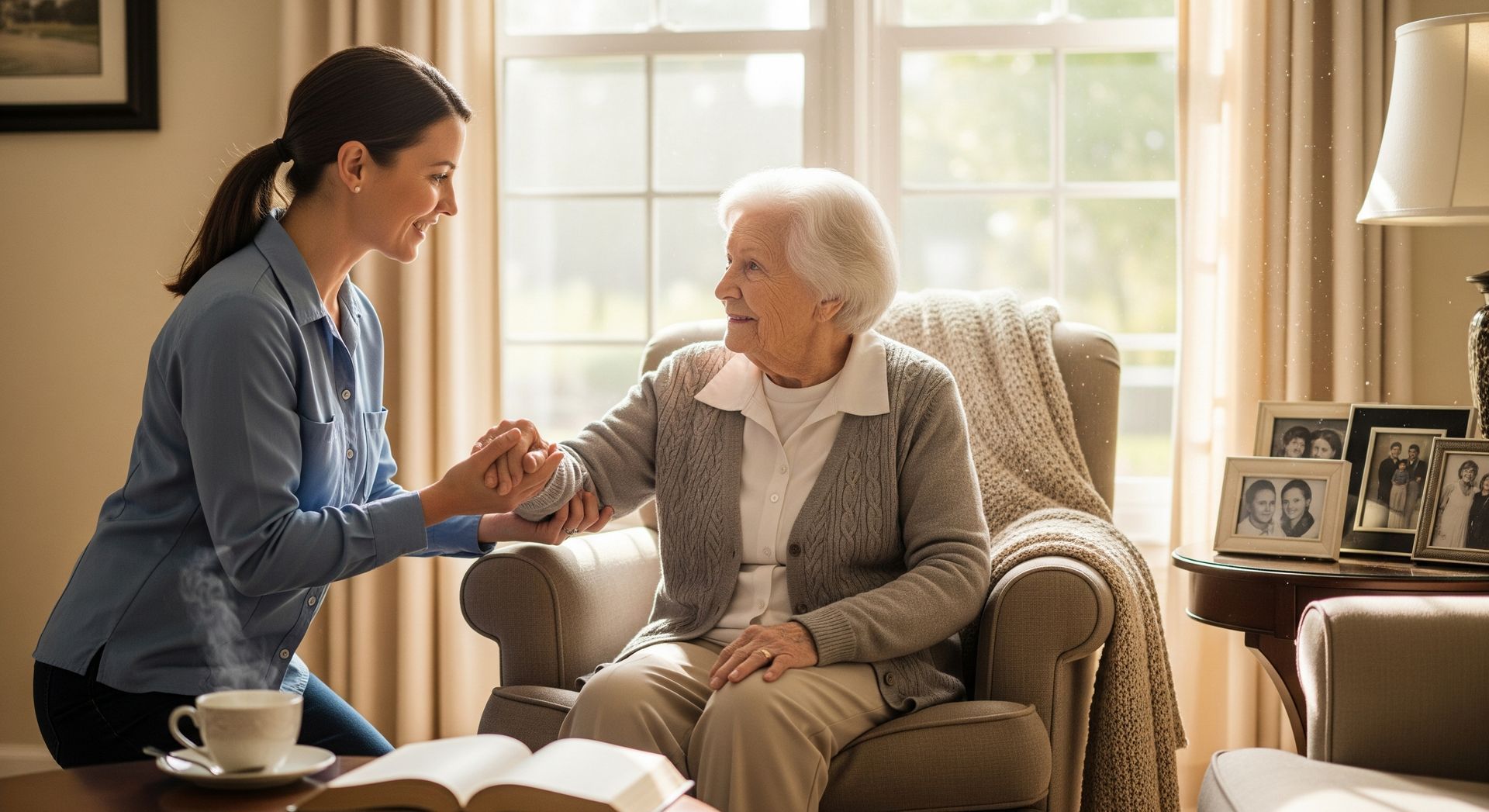 In-home senior care San Jose caregiver assisting elderly woman in a comfortable living room setting