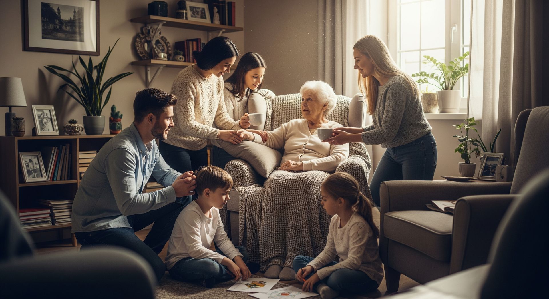 In-home support services caregiver assisting a family in a warm, welcoming home setting