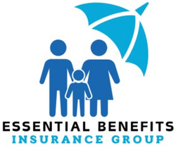 Blue family silhouette under an umbrella, logo for Essential Benefits Insurance Group.