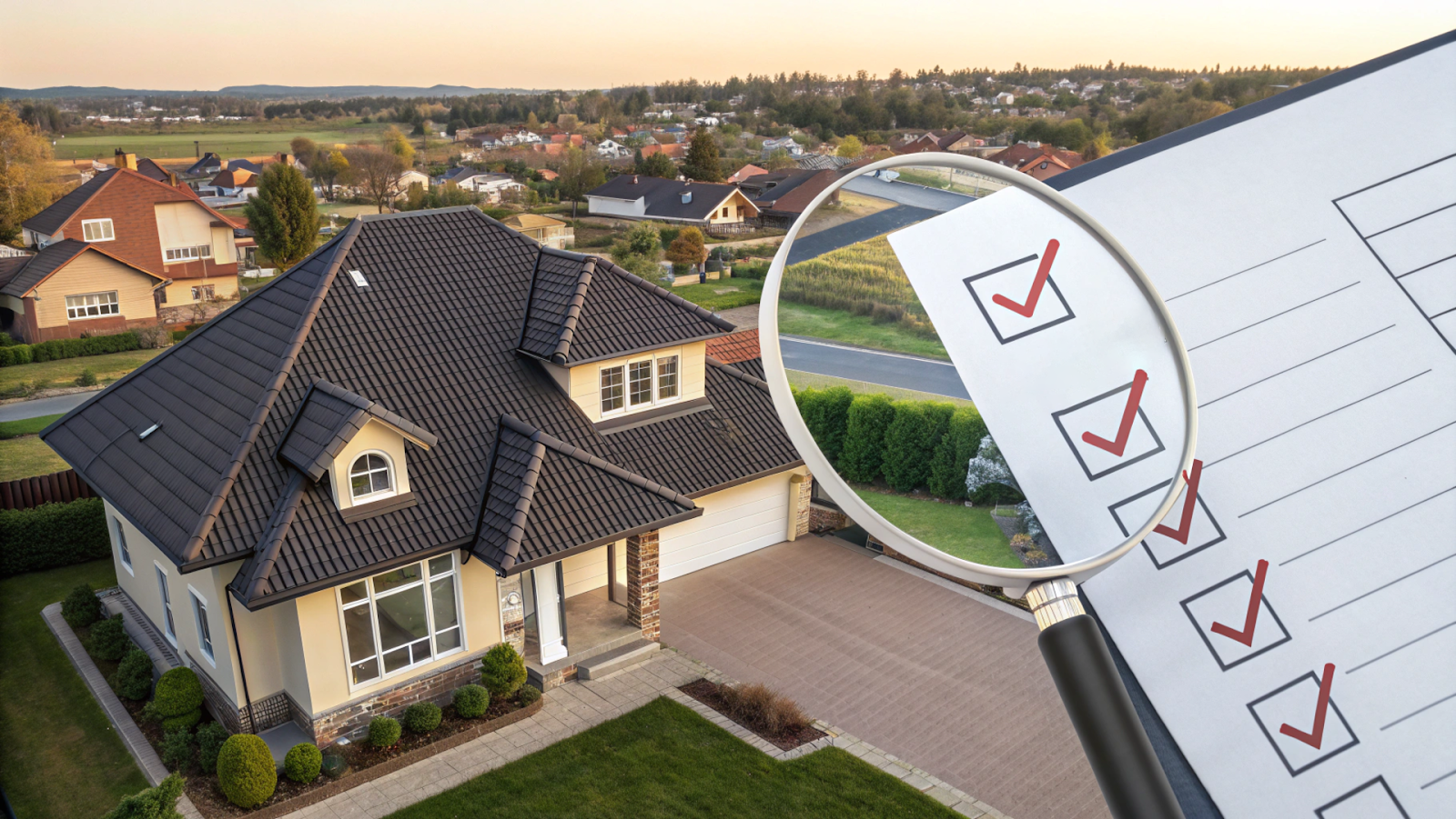 A house with a magnifying glass and a checklist next to it.
