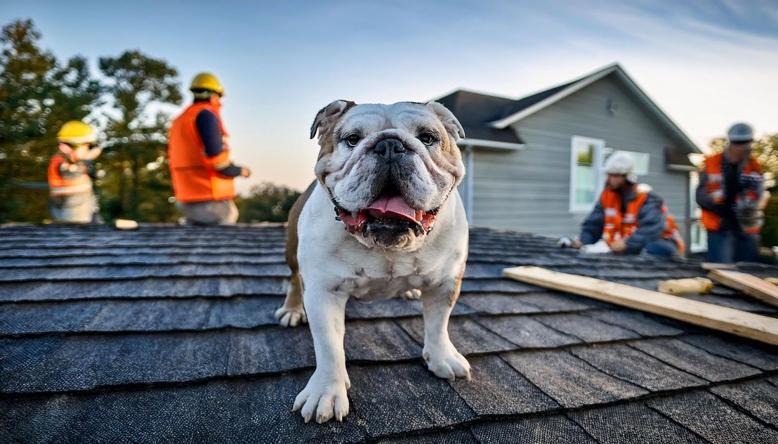 A bulldog is standing on a roof with construction workers in the background.