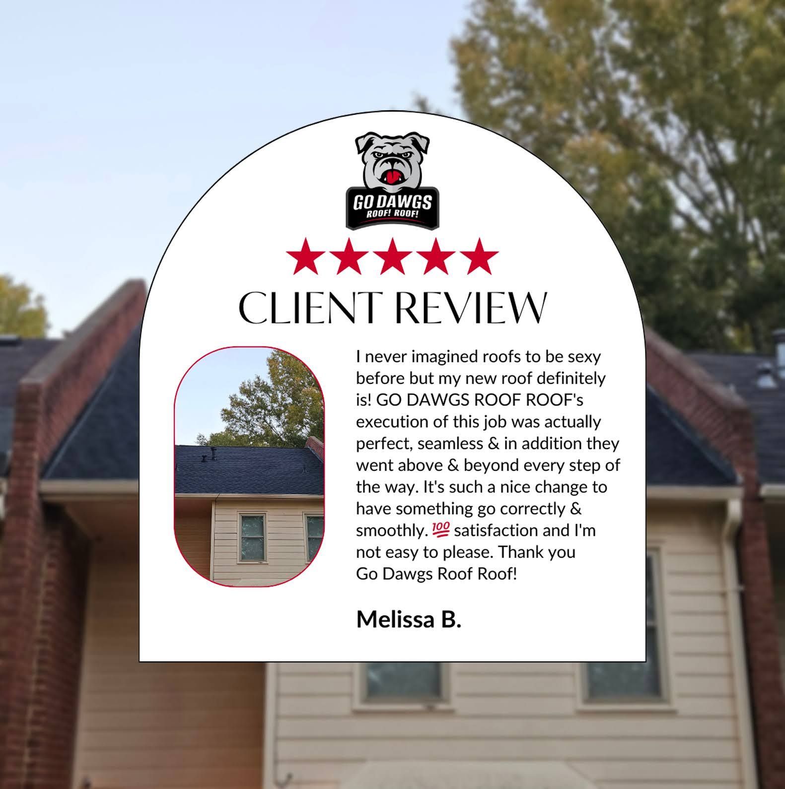 A picture of a house with a client review on it