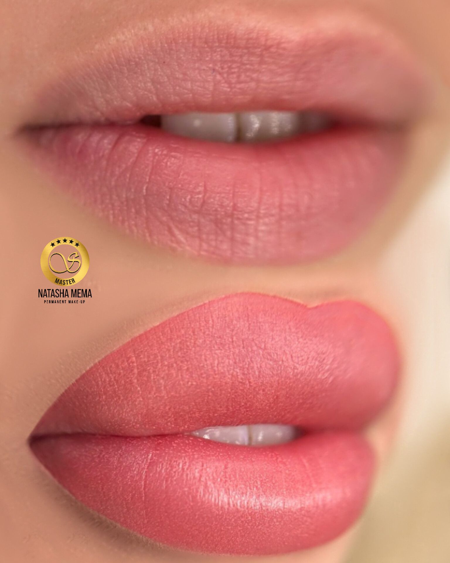 Un primo piano delle labbra di una donna con rossetto rosa.