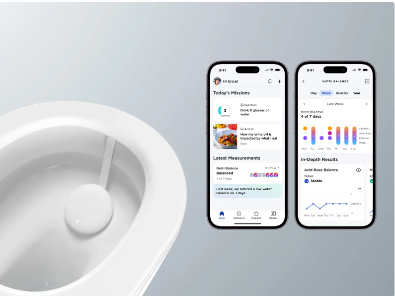 A white toilet with a sensor and two phone screens displaying health data and measurements.
