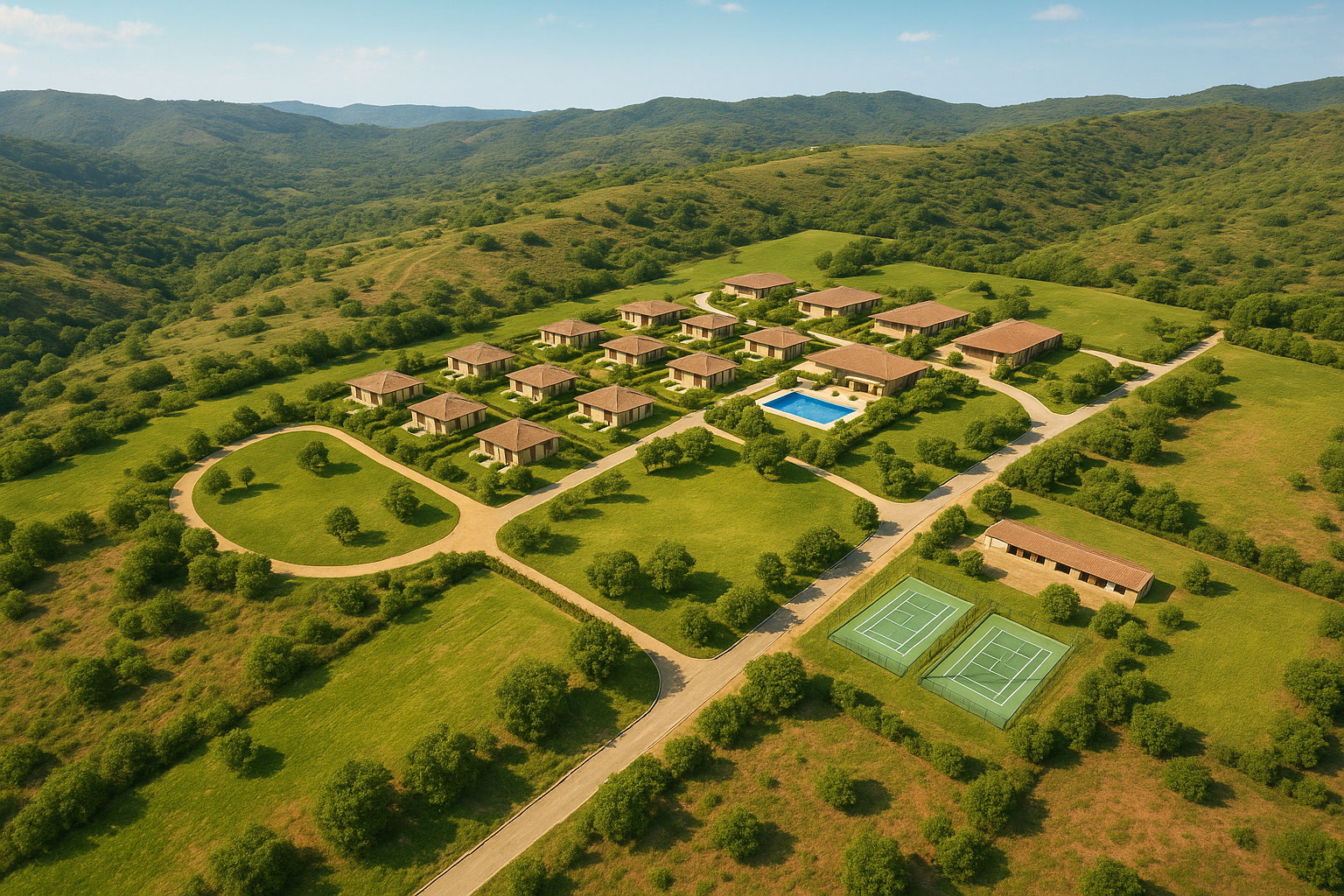 Aerial view of a resort with buildings, a pool, and tennis courts on a grassy hillside under a blue sky.