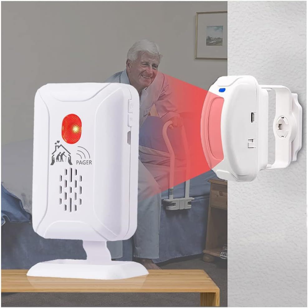 Elderly man using a bed rail is detected by a red sensor. A white alert device is on a table.