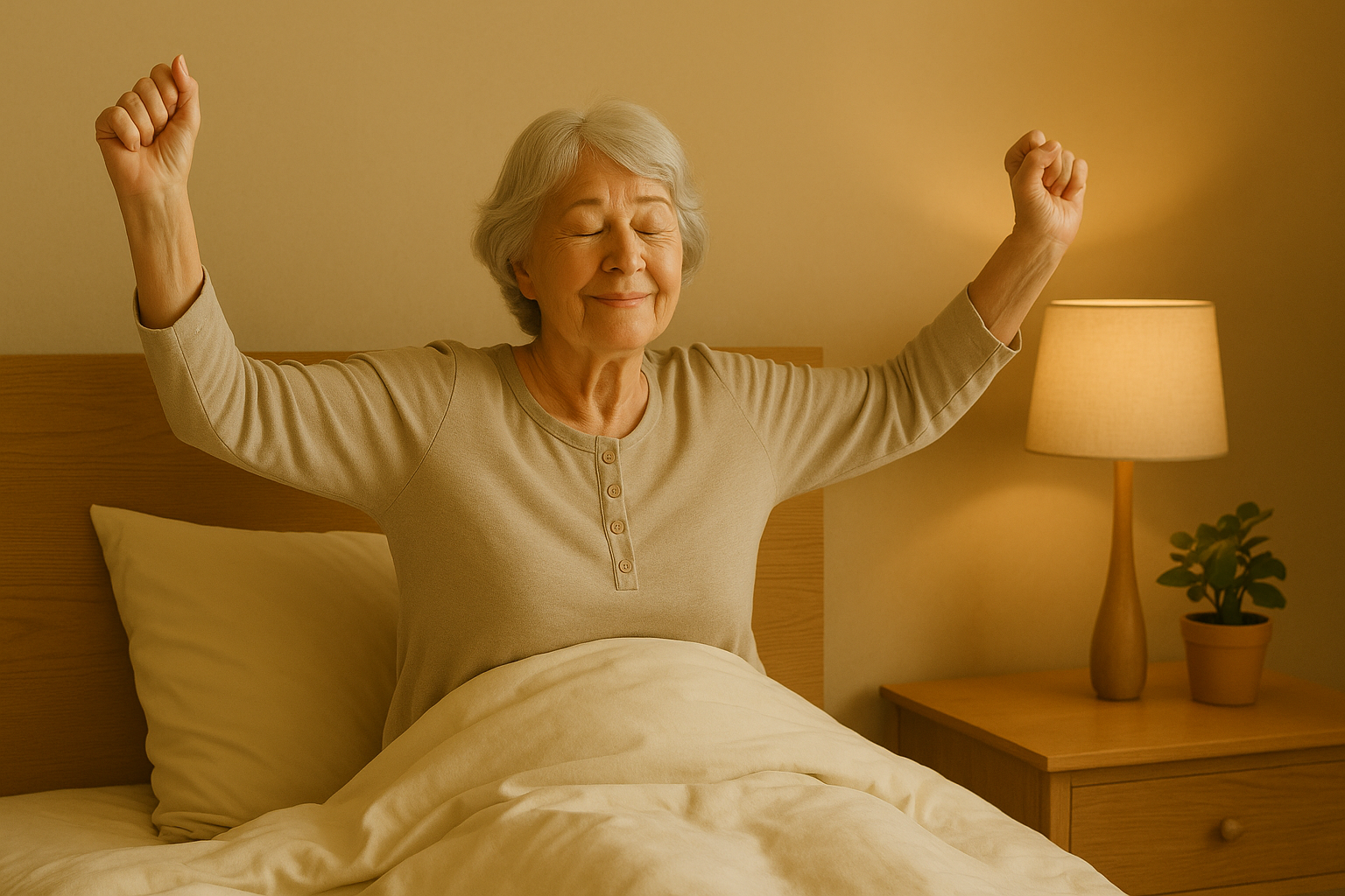 Woman sitting up in bed, stretching her arms up with eyes closed. Nightstand with lamp and plant visible.