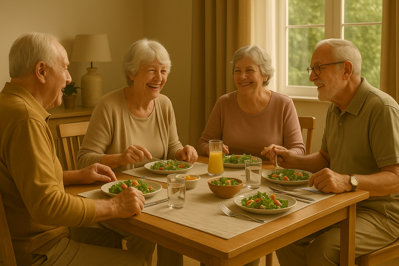 Four people, two couples, eat a meal at a wooden table in a well-lit dining room. They smile and talk.