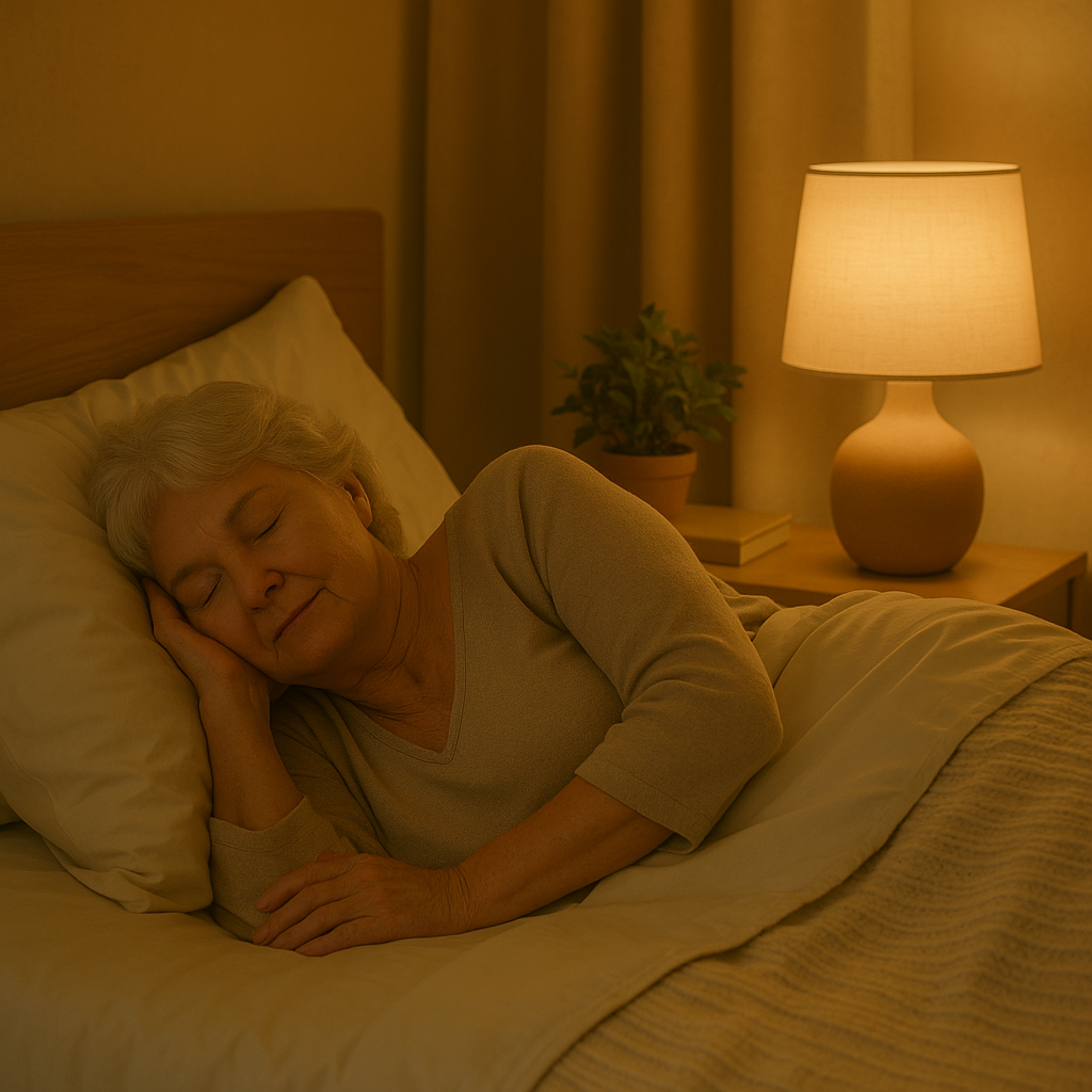 Woman sleeping peacefully in bed with bedside lamp lit.