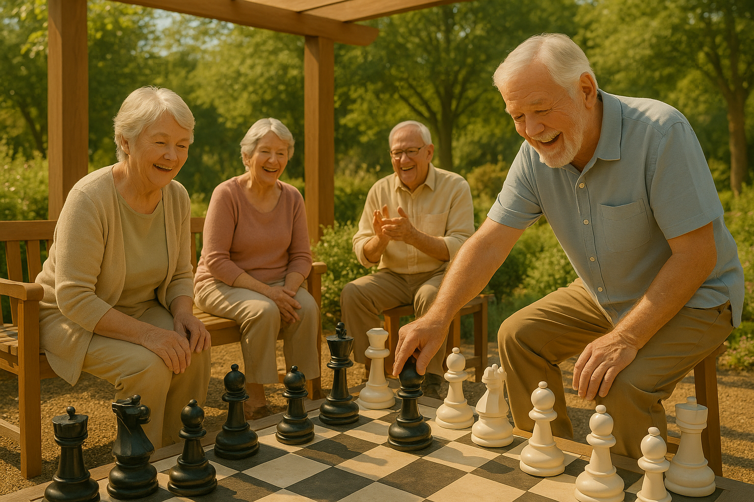 Four older adults playing chess outdoors, one making a move, others watching.