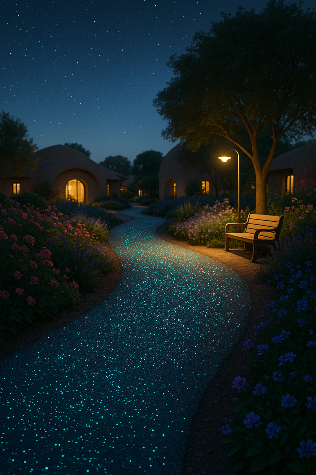 Glowing path through a garden at night, leading to domed buildings under a starry sky.