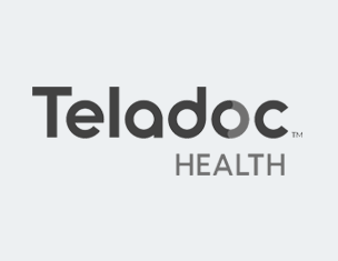 Teladoc Health logo with dark gray text on a light gray background.