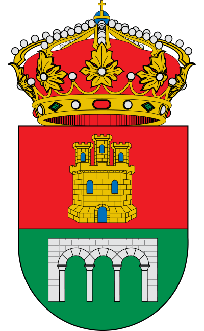 Coat of arms: red upper half with gold castle, green lower half with three white arches, topped by a crown.