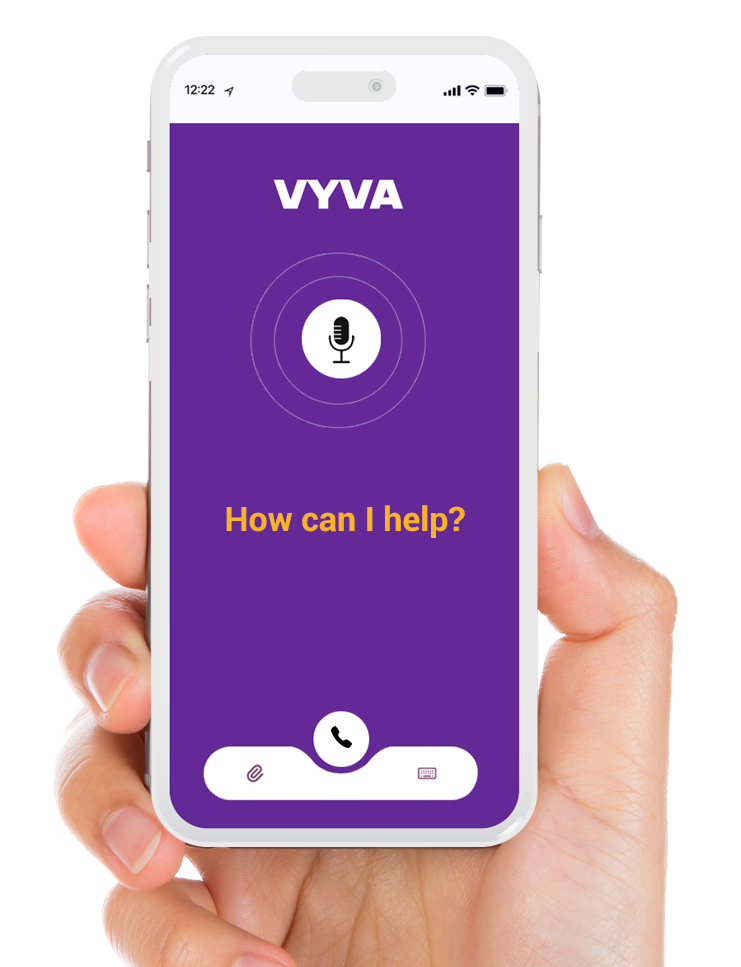Hand holding a phone displaying a purple screen with the word