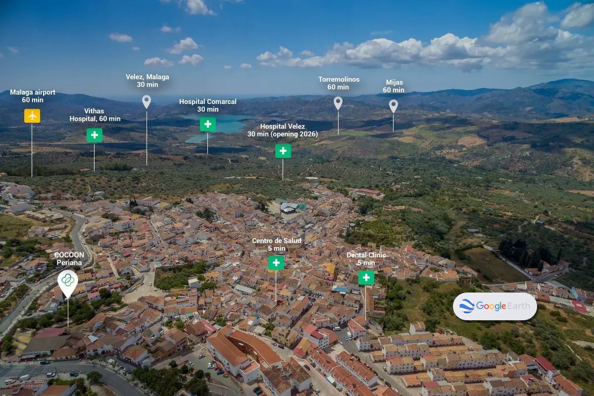 View on Google Earth Aerial view of a town with labeled locations; several pin markers, and a mountain and lake in the background.