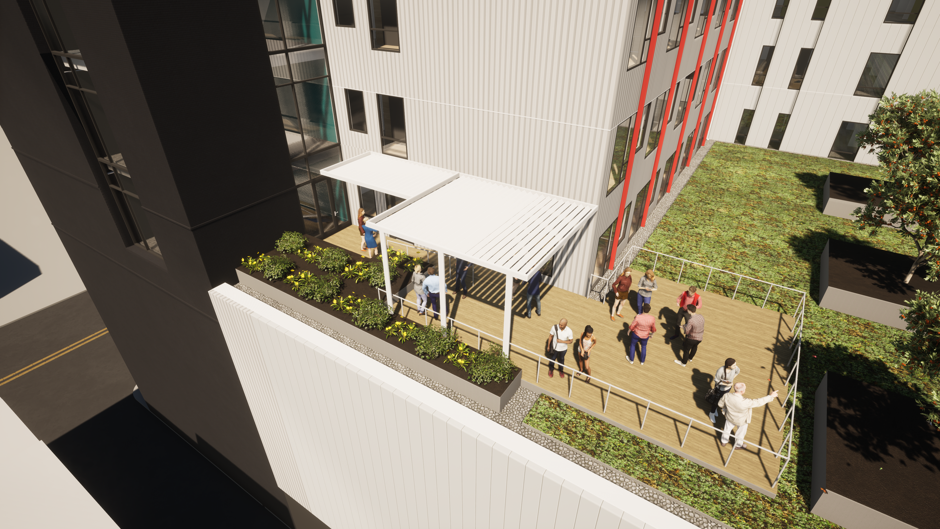 A group of people are sitting on a wooden deck on the roof of a building.