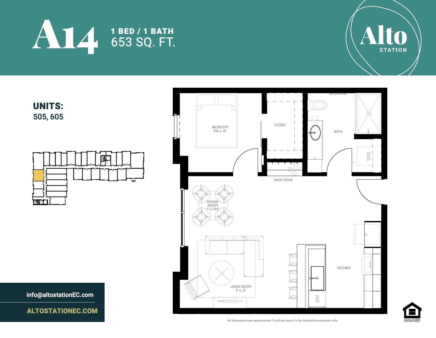 A floor plan of a 1 bedroom apartment with 653 square feet.